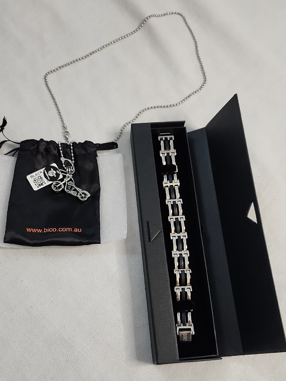 Mens Stainless Steel EDFORCE Link Bracelet & BlackJack Motorcycle Pendant
